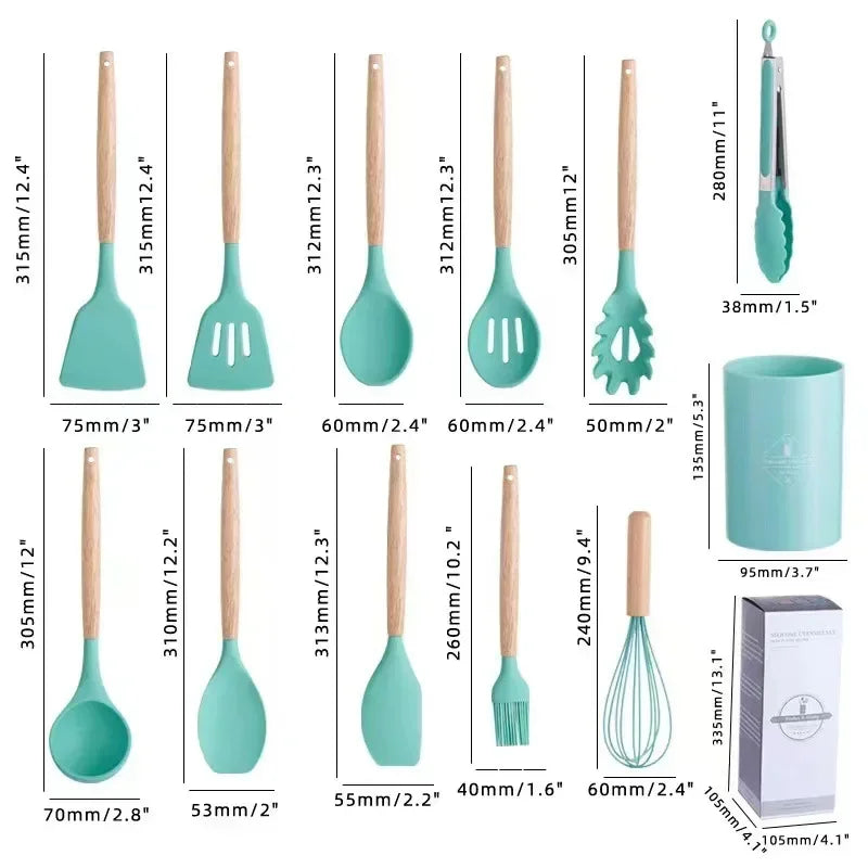 12-piece silicone cooking utensils set with wooden handles Viskana