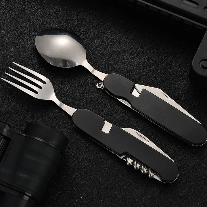 Viskana 4-in-1 Outdoor Cutlery Set Camplico | Foldable Spoon, Fork, Knife & Bottle Opener | Stainless Steel & Compact | For Camping & Travel