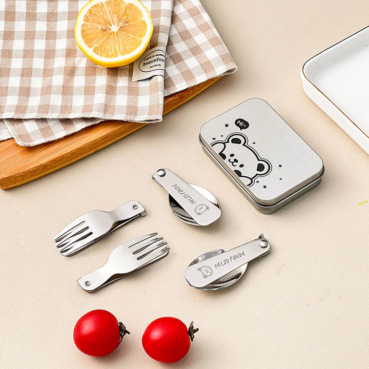 Viskana Trekking Camping Cutlery 3-piece | Foldable Spoon & Fork with Storage Box | Stainless Steel | Compact & Reusable