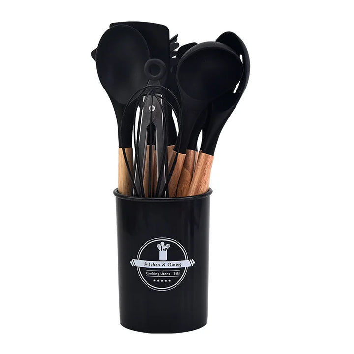 Viskana Culinora Silicone Kitchen Utensils Set | Heat Resistant up to 230 °C | 12-piece with Wooden Handles | Whisk, Spatula, Tongs & more