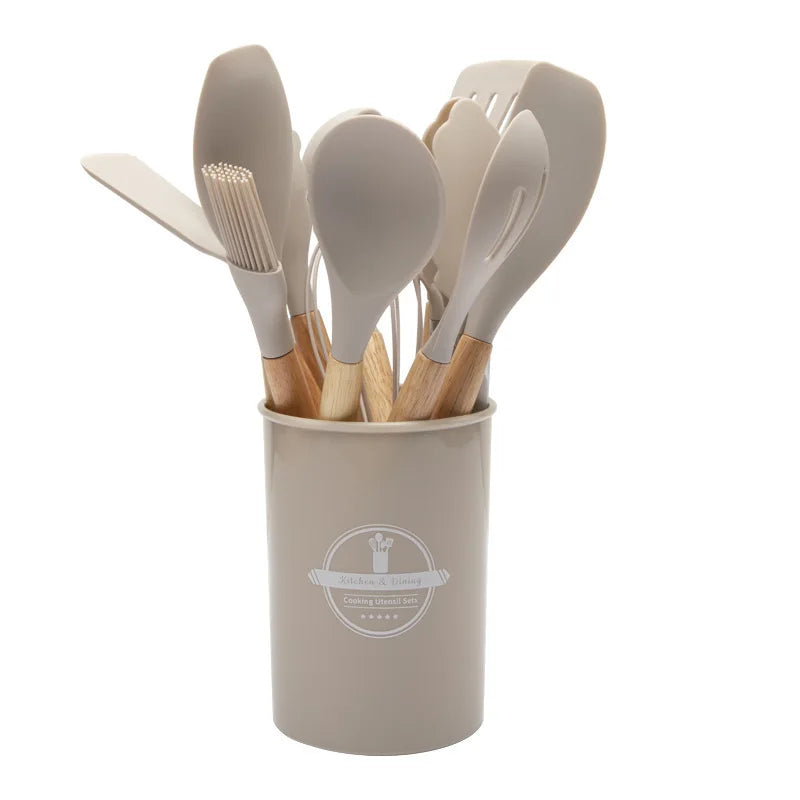 Viskana Culinora Silicone Kitchen Utensils Set | Heat Resistant up to 230 °C | 12-piece with Wooden Handles | Whisk, Spatula, Tongs & more