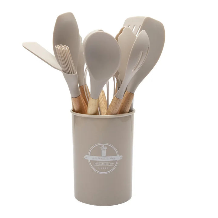 Viskana Culinora Silicone Kitchen Utensils Set | Heat Resistant up to 230 °C | 12-piece with Wooden Handles | Whisk, Spatula, Tongs & more