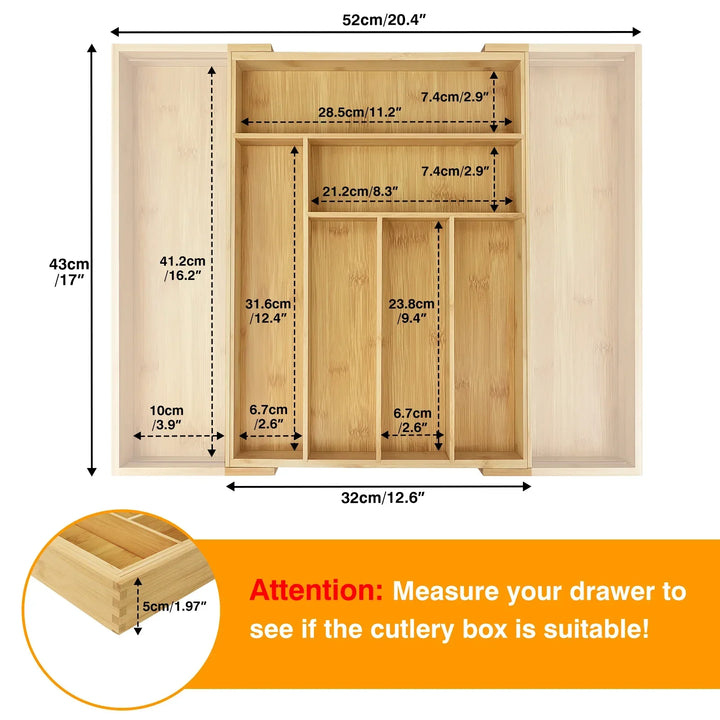 Viskana Bambusio cutlery tray made of bamboo | Expandable 32–52 cm | 6–8 compartments | Sustainable drawer insert for kitchen, bathroom & office