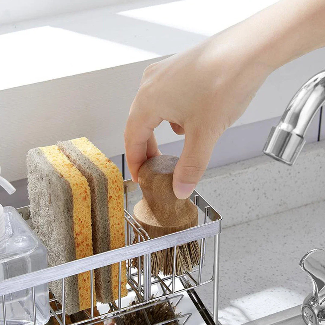Viskana SteelNest | Sink organizer made of stainless steel | Sponge & soap holder with drip tray | 21×8.2×10 cm
