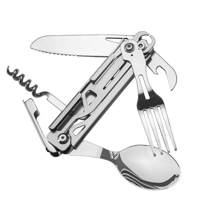 Viskana GearSpork Outdoor cutlery 6-in-1 | Foldable multifunctional cutlery made of stainless steel | Knife, fork, spoon, can opener & bottle opener | For camping & trekking