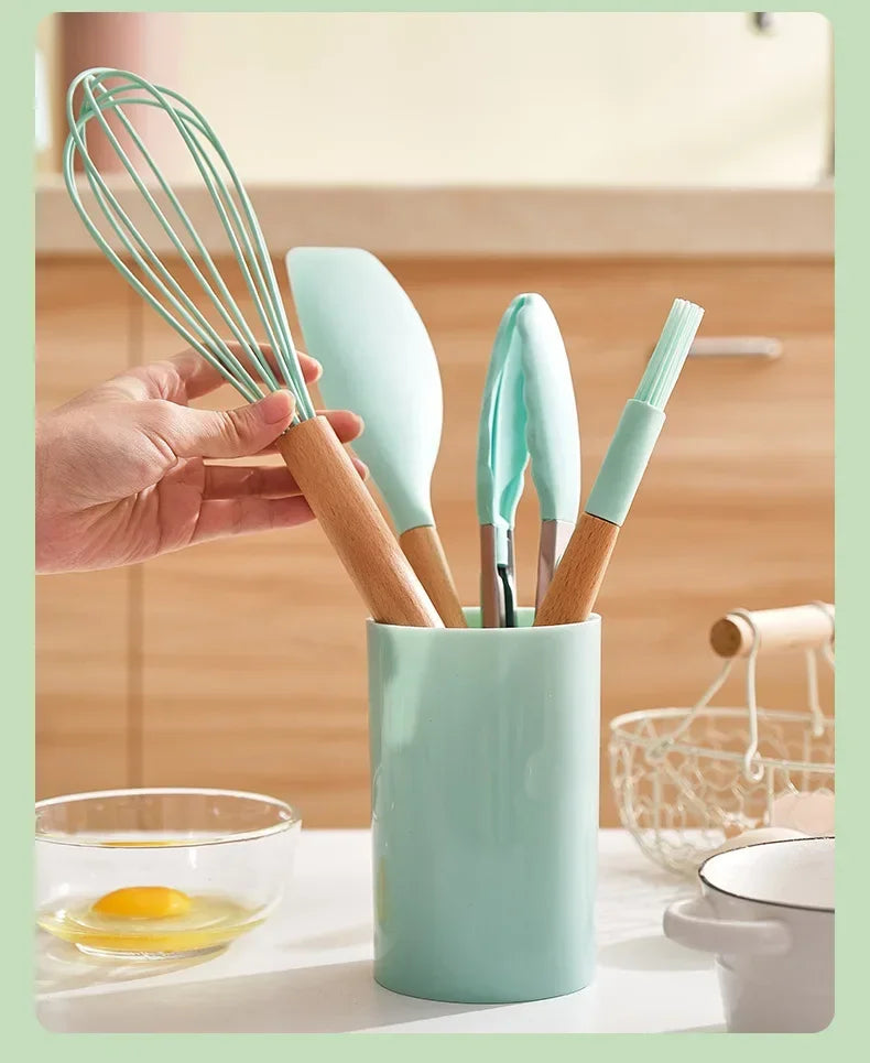 12-piece silicone cooking utensils set with wooden handles Viskana