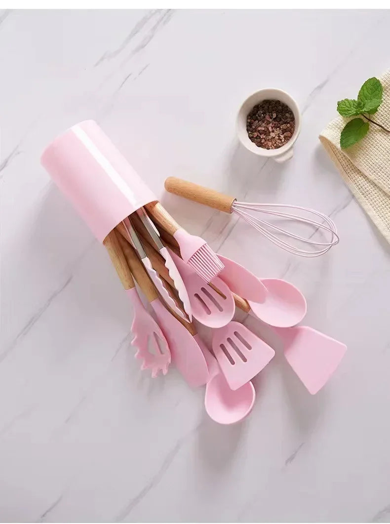 12-piece silicone cooking utensils set with wooden handles Viskana