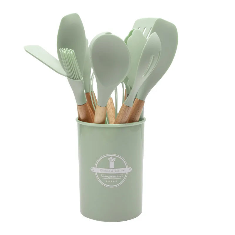 Viskana Culinora Silicone Kitchen Utensils Set | Heat Resistant up to 230 °C | 12-piece with Wooden Handles | Whisk, Spatula, Tongs & more