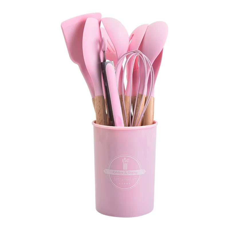 Viskana Culinora Silicone Kitchen Utensils Set | Heat Resistant up to 230 °C | 12-piece with Wooden Handles | Whisk, Spatula, Tongs & more