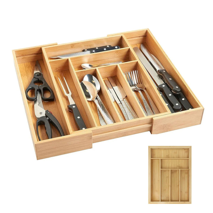 Viskana Bambusio cutlery tray made of bamboo | Expandable 32–52 cm | 6–8 compartments | Sustainable drawer insert for kitchen, bathroom & office