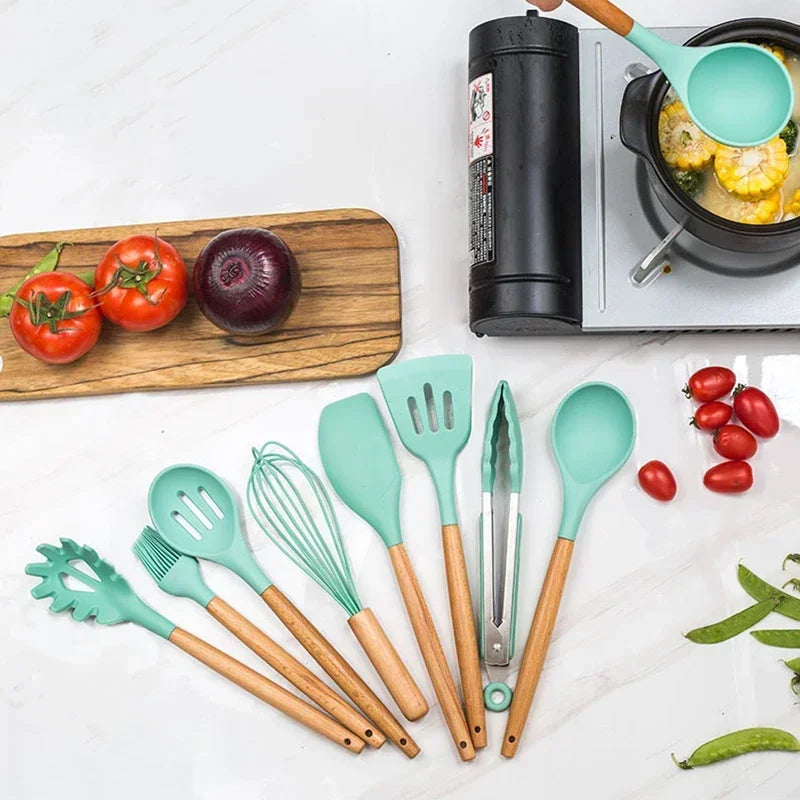 12-piece silicone cooking utensils set with wooden handles Viskana