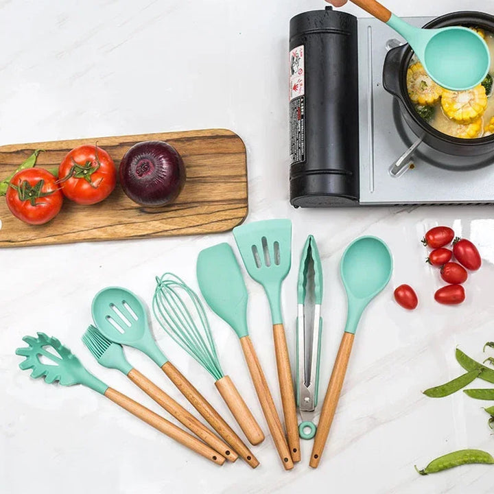 12-piece silicone cooking utensils set with wooden handles Viskana