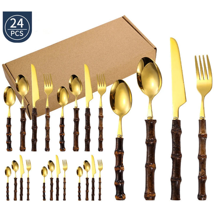 Viskana Black Bamboo Dinnerware Set - Upscale Stainless Steel Fork and Spoon Tableware