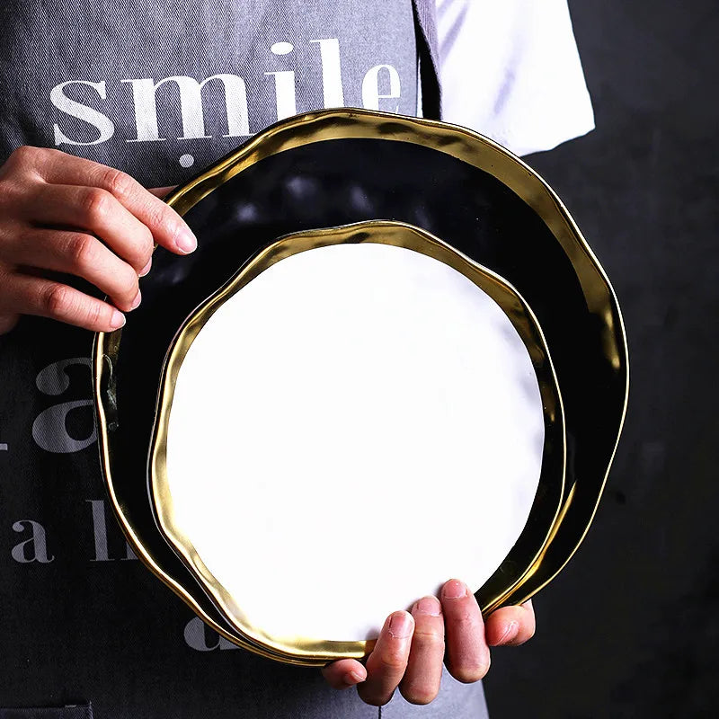 Viskana Elegant Ceramic Beef Platter with Gold Edge