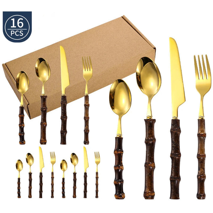 Viskana Black Bamboo Dinnerware Set - Upscale Stainless Steel Fork and Spoon Tableware