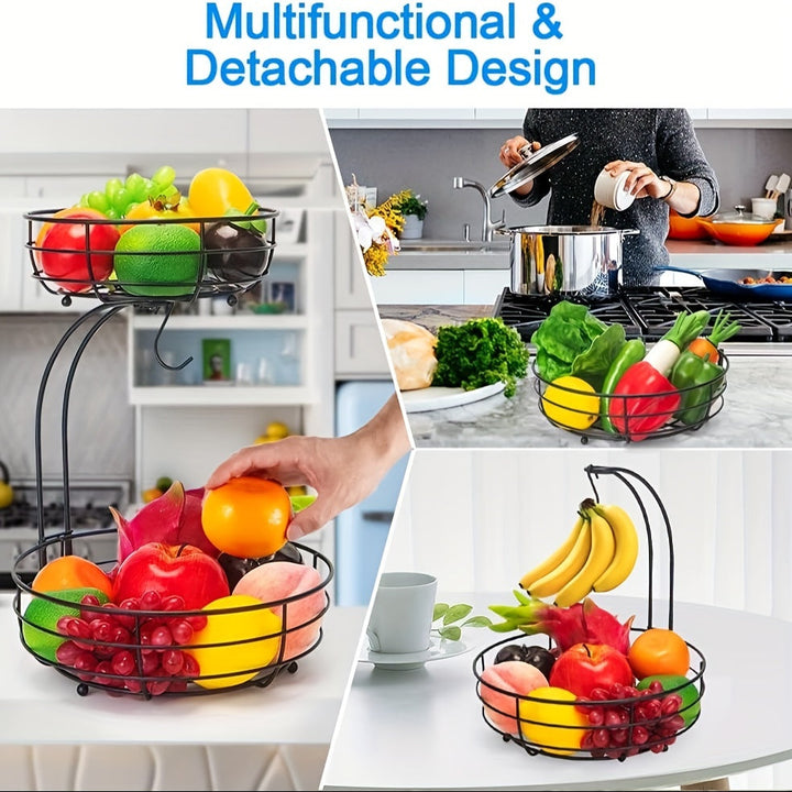 Viskana 2-Layer Oval Fruit Basket with Banana Holder – Metal Kitchen Organizer