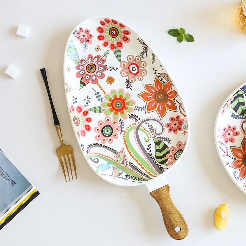 Viskana Elegant Nordic Ceramic Dinner Plates with Wooden Handle