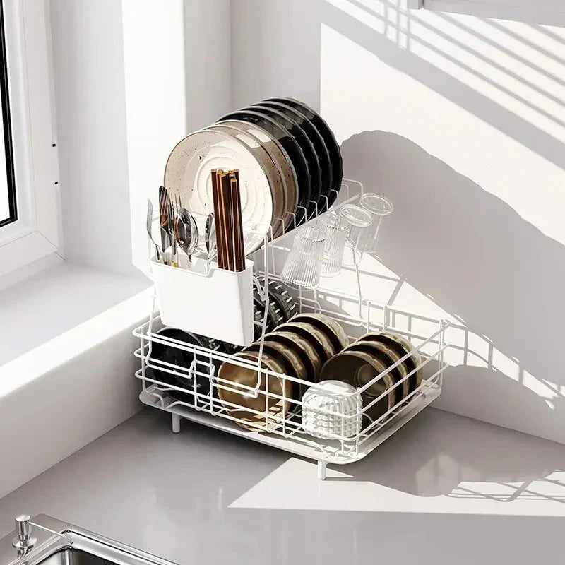 Double Stainless Steel Bowl and Dish Drain Rack Dishware Cleaning Rack Viskana