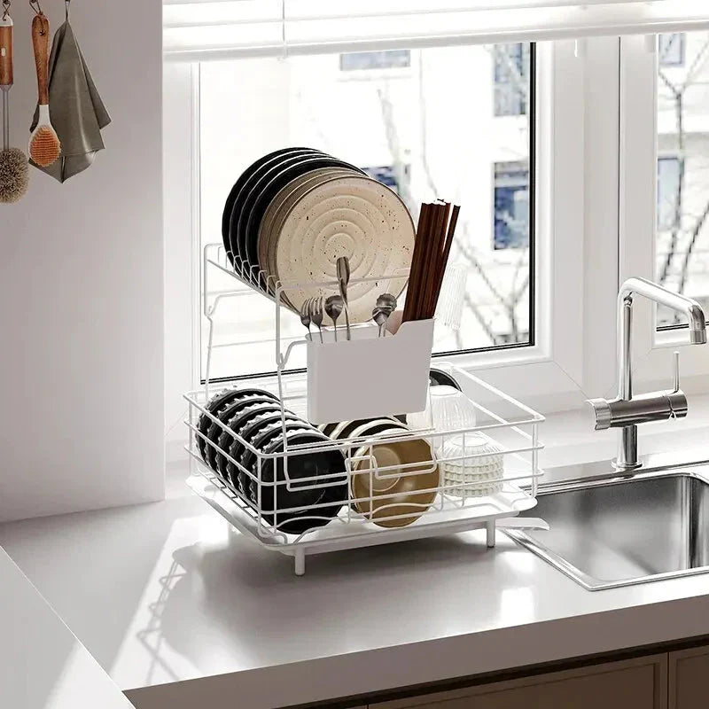 Double Stainless Steel Bowl and Dish Drain Rack Dishware Cleaning Rack Viskana