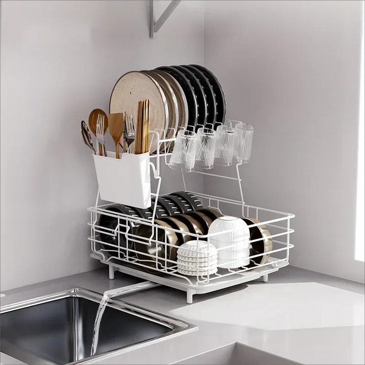 Double Stainless Steel Bowl and Dish Drain Rack Dishware Cleaning Rack Viskana