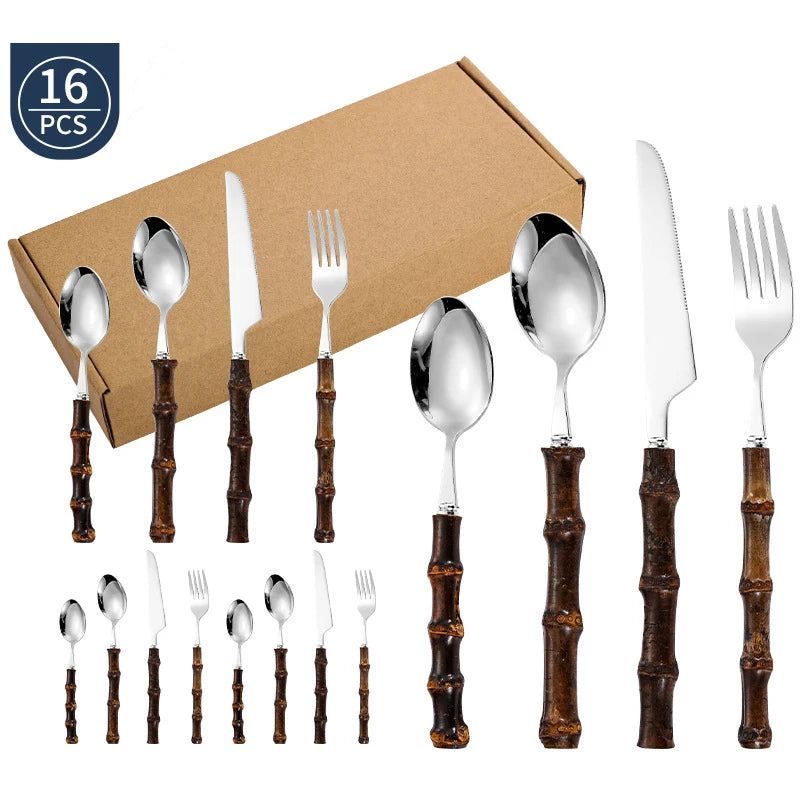 Viskana Black Bamboo Dinnerware Set - Upscale Stainless Steel Fork and Spoon Tableware
