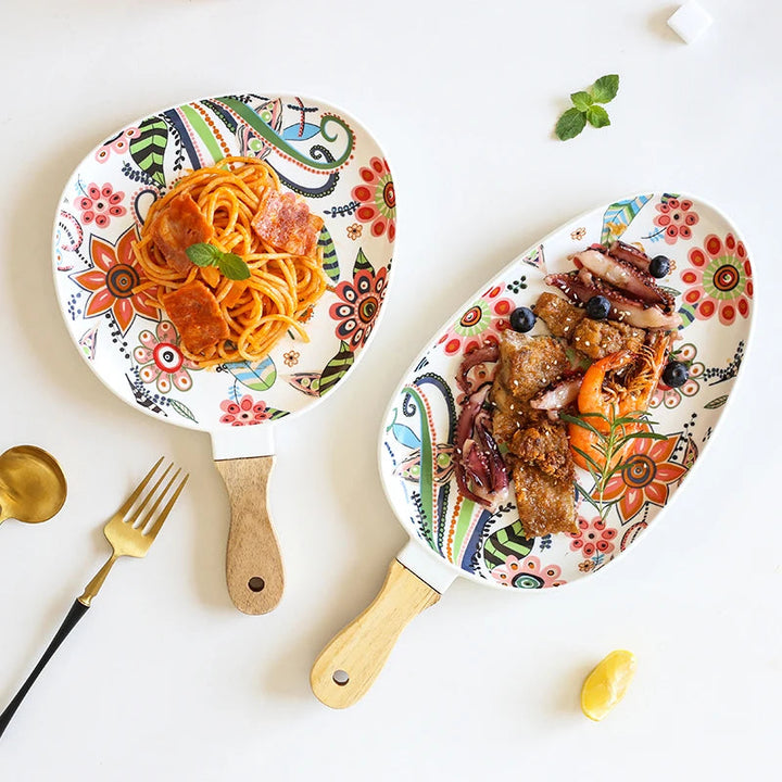 Viskana Elegant Nordic Ceramic Dinner Plates with Wooden Handle