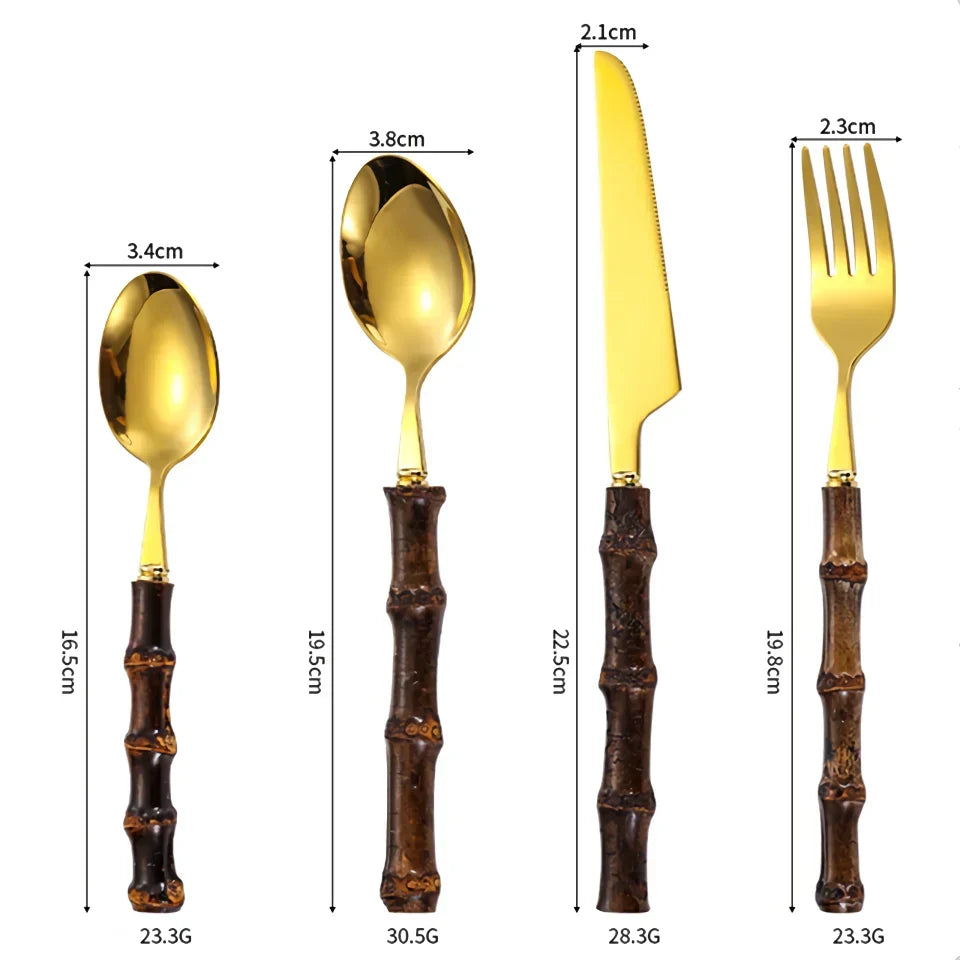 Viskana Black Bamboo Dinnerware Set - Upscale Stainless Steel Fork and Spoon Tableware