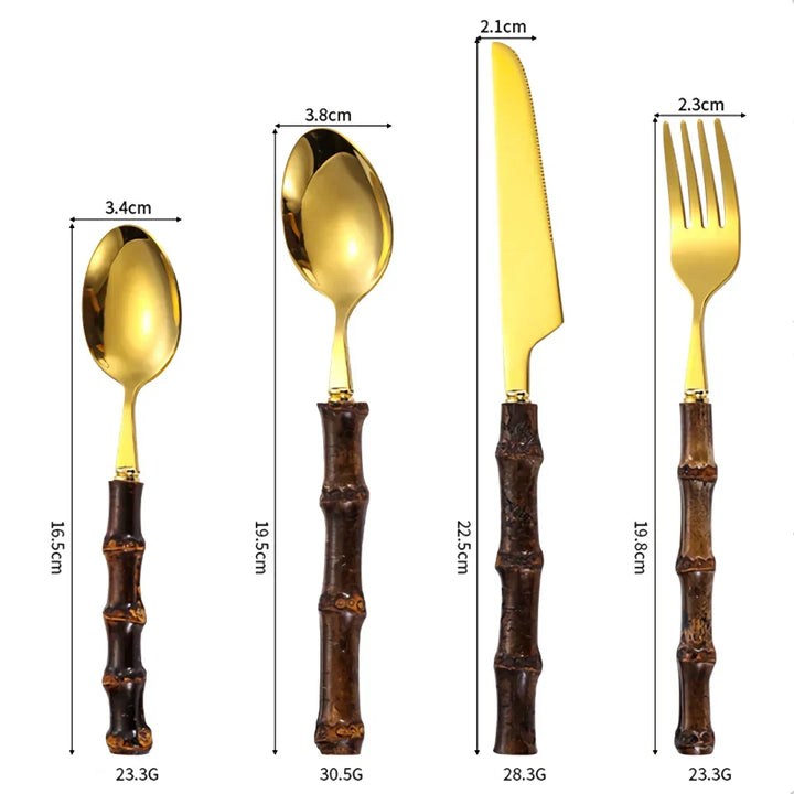 Viskana Black Bamboo Dinnerware Set - Upscale Stainless Steel Fork and Spoon Tableware
