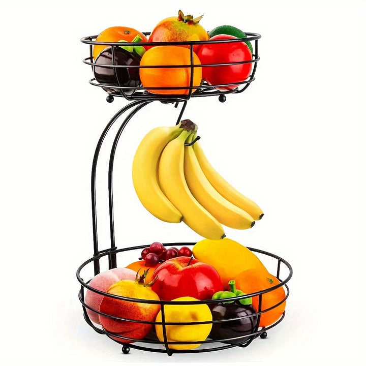 Viskana 2-Layer Oval Fruit Basket with Banana Holder – Metal Kitchen Organizer
