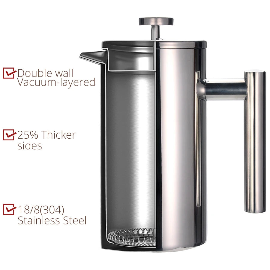 French Press Coffee Maker Double Wall Stainless Steel with Clip/Spoon Viskana