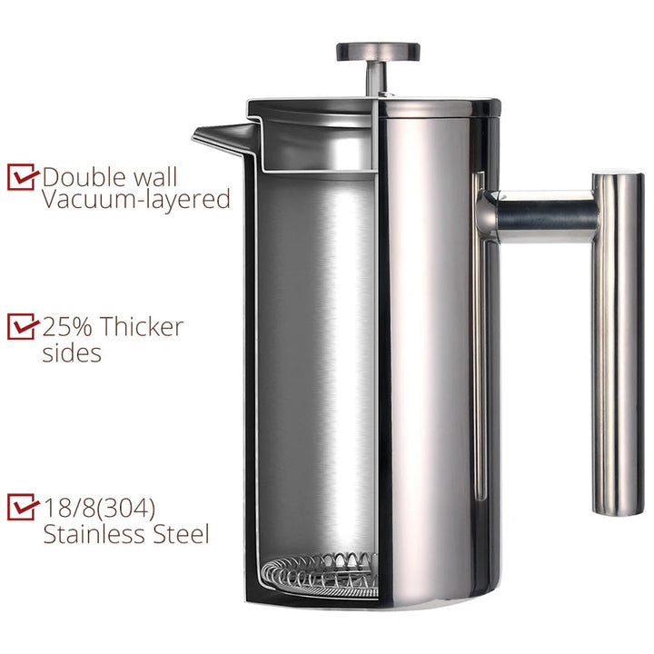 French Press Coffee Maker Double Wall Stainless Steel with Clip/Spoon Viskana