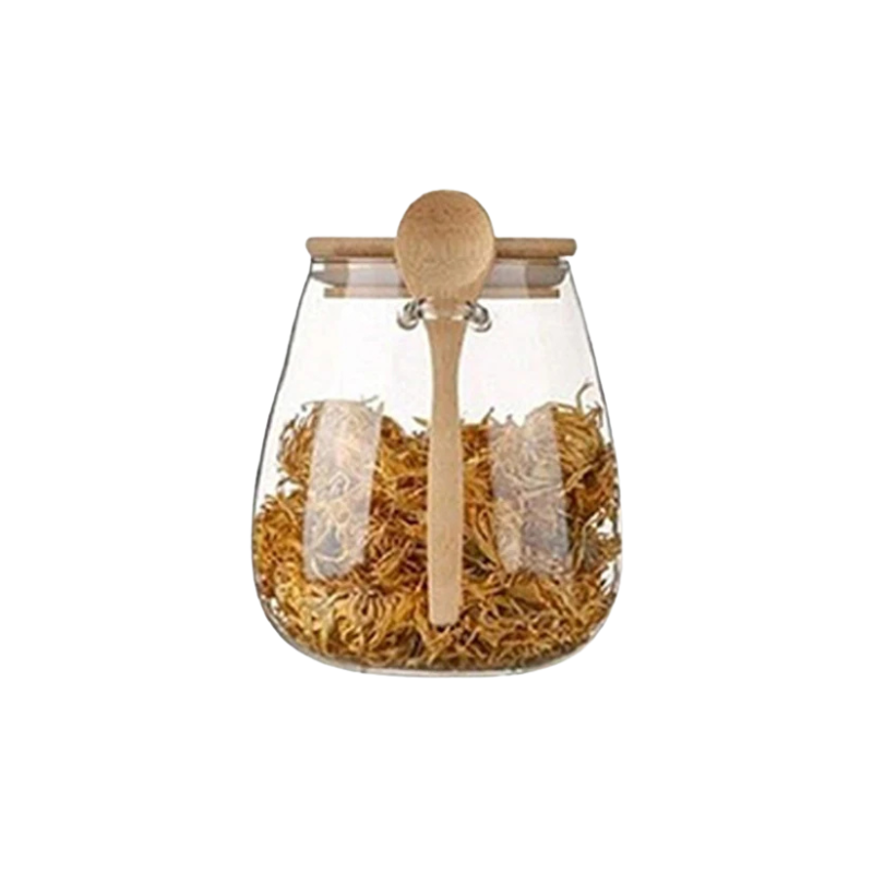 Glass Food Storage Jar with Airtight Wooden Lid and Spoon Container Viskana