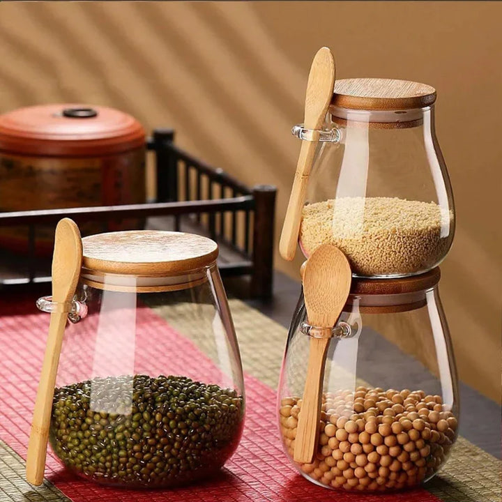 Glass Food Storage Jar with Airtight Wooden Lid and Spoon Container Viskana