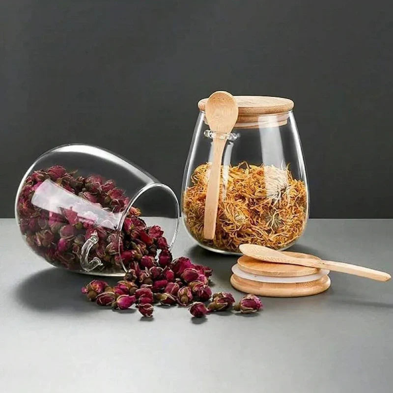 Glass Food Storage Jar with Airtight Wooden Lid and Spoon Container Viskana
