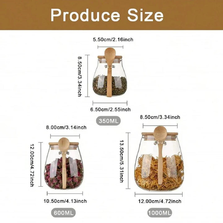 Glass Food Storage Jar with Airtight Wooden Lid and Spoon Container Viskana