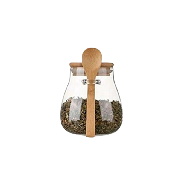 Glass Food Storage Jar with Airtight Wooden Lid and Spoon Container Viskana