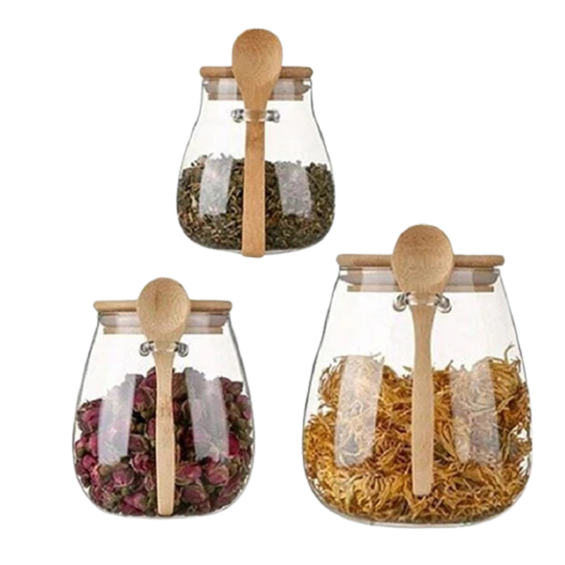 Glass Food Storage Jar with Airtight Wooden Lid and Spoon Container Viskana
