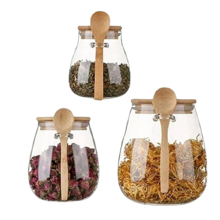 Glass Food Storage Jar with Airtight Wooden Lid and Spoon Container Viskana