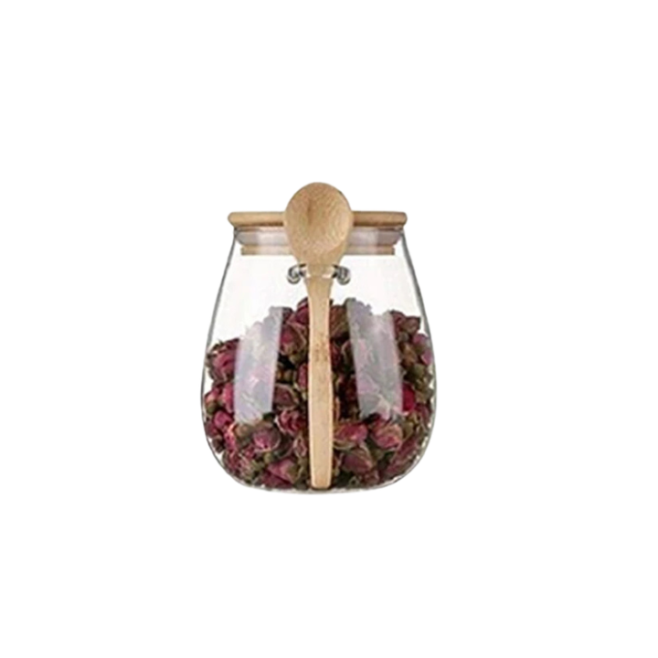 Glass Food Storage Jar with Airtight Wooden Lid and Spoon Container Viskana