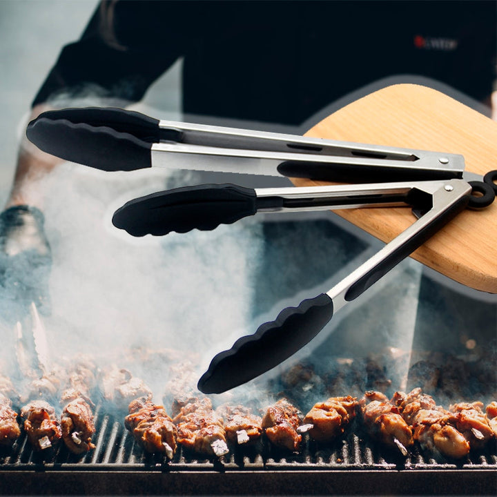 Silicone and stainless steel grill tongs - 23/30 cm - White / Black Viskana