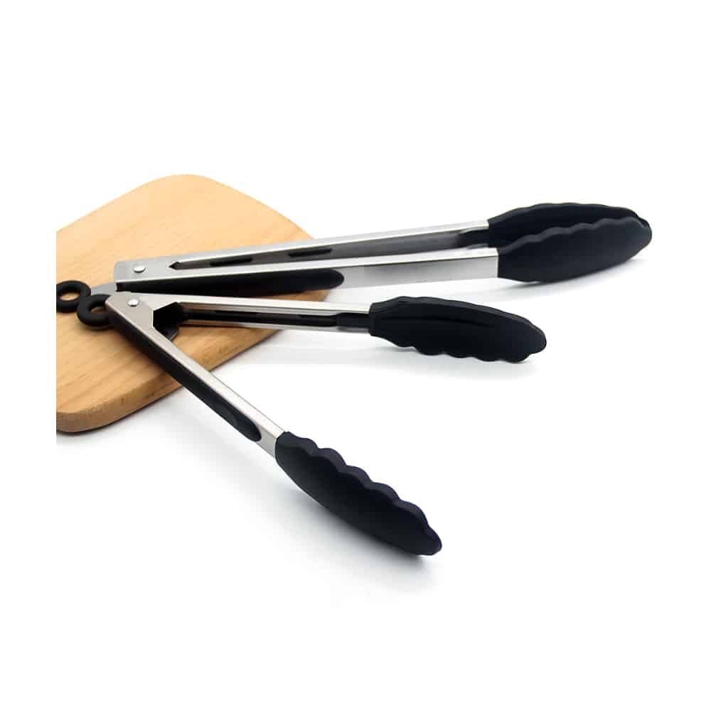 Silicone and stainless steel grill tongs - 23/30 cm - White / Black Viskana