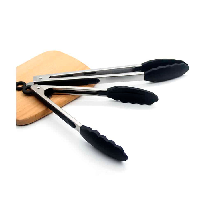 Silicone and stainless steel grill tongs - 23/30 cm - White / Black Viskana