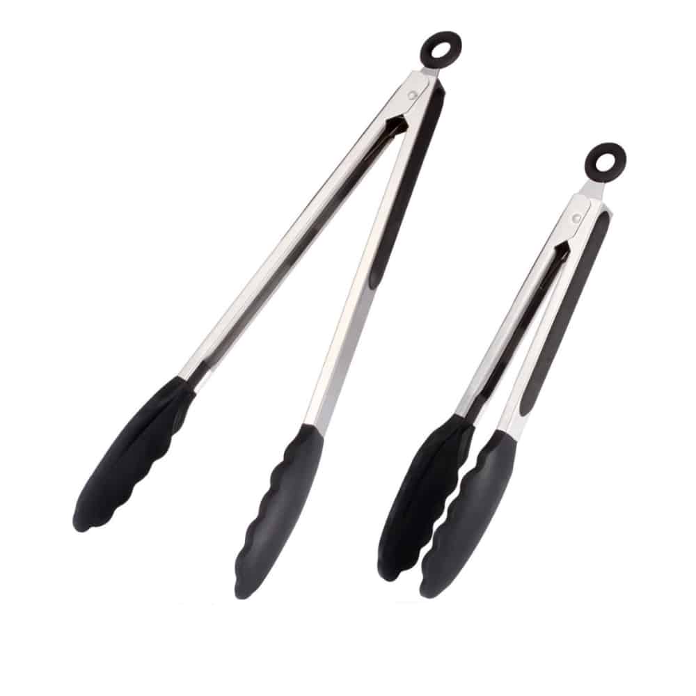 Silicone and stainless steel grill tongs - 23/30 cm - White / Black Viskana