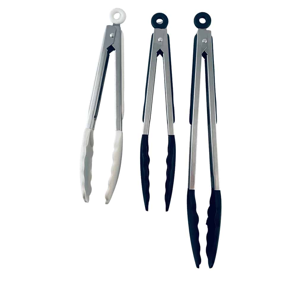 Silicone and stainless steel grill tongs - 23/30 cm - White / Black Viskana