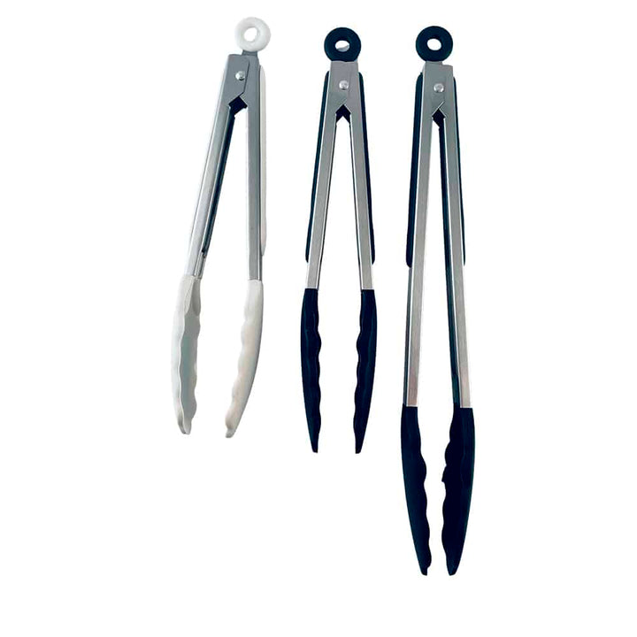 Silicone and stainless steel grill tongs - 23/30 cm - White / Black Viskana