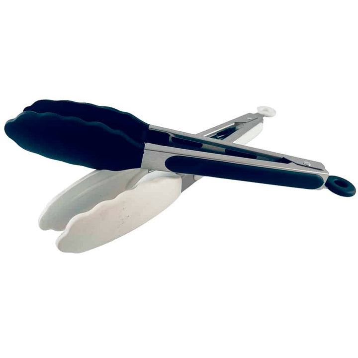 Silicone and stainless steel grill tongs - 23/30 cm - White / Black Viskana