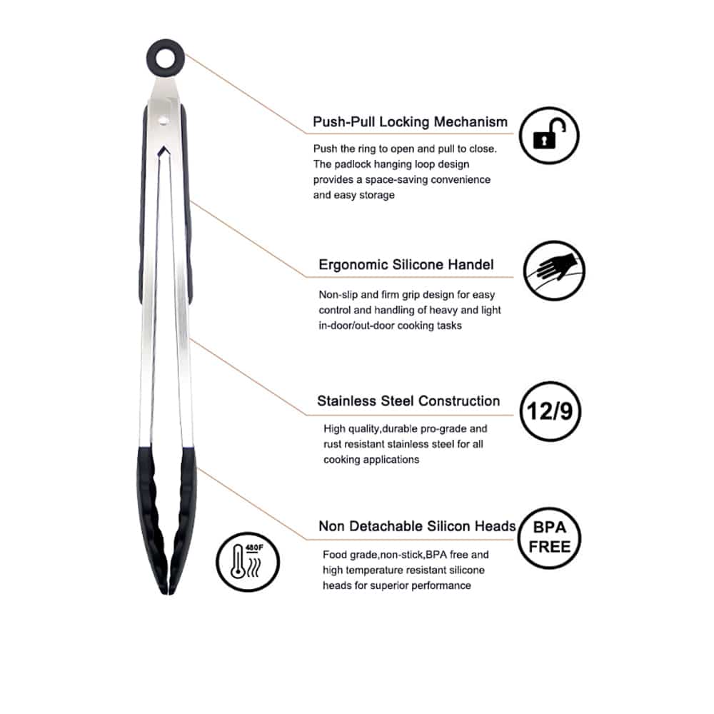 Silicone and stainless steel grill tongs - 23/30 cm - White / Black Viskana
