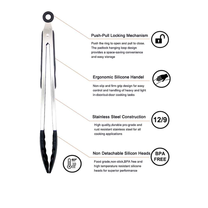 Silicone and stainless steel grill tongs - 23/30 cm - White / Black Viskana
