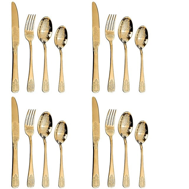 Luxury Cutlery Sets Silverware Kit Vintage Carved Tableware Set Viskana