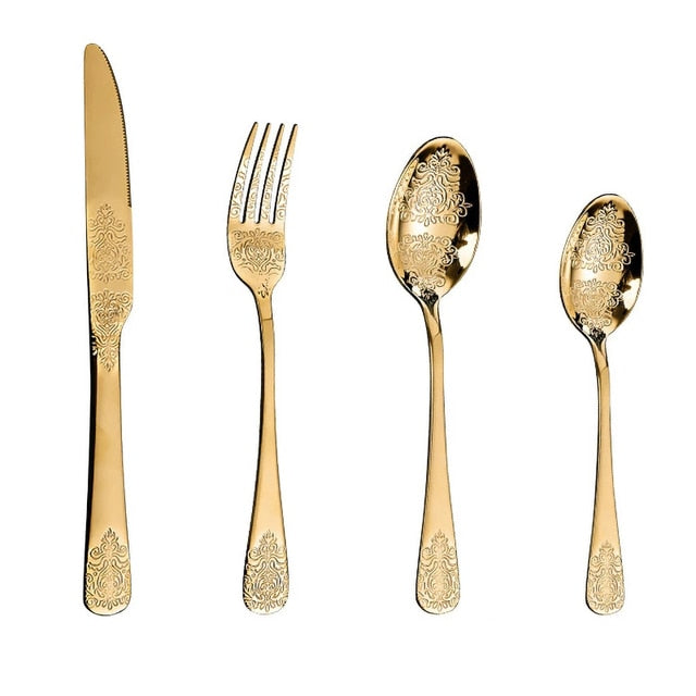 Luxury Cutlery Sets Silverware Kit Vintage Carved Tableware Set Viskana